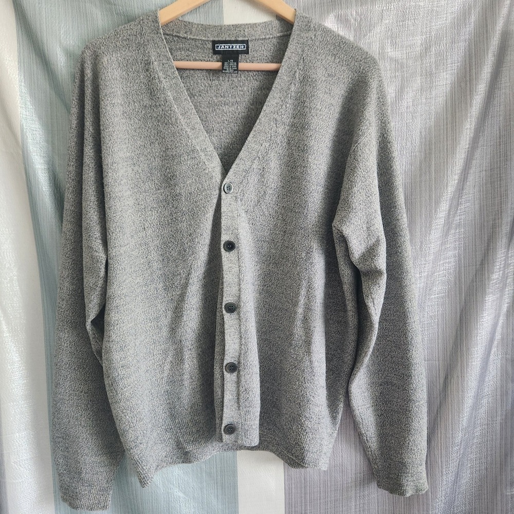 Vtg Jantzen Mens V-Neck Cardigan Sweater Heather Grey Marled Knit L Grandpacore